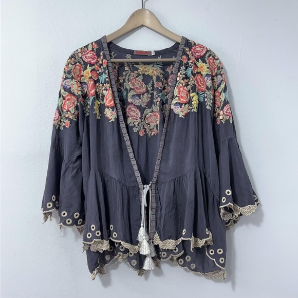 Johnny Was Tops - Johnny Was Kimono Top Women Small Gray Floral Embroidered Tassel Boho Festival